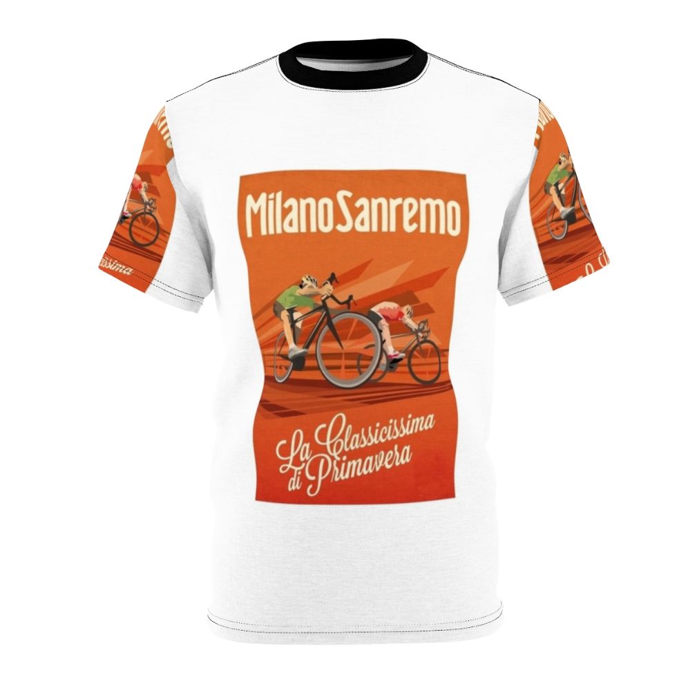 Retro cycling jersey inspired by the Milan-San Remo classic, featuring a vintage-style design with cycling imagery.