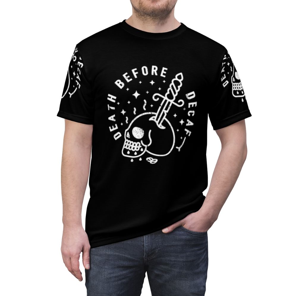 T-shirt design featuring a skull and the text "Death Before Decaf" for coffee enthusiasts. - men front