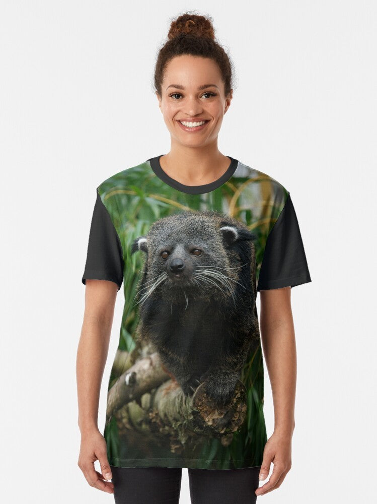 Graphic t-shirt featuring a rare and exotic binturong, also known as a bearcat, with a unique popcorn-like scent. - Women