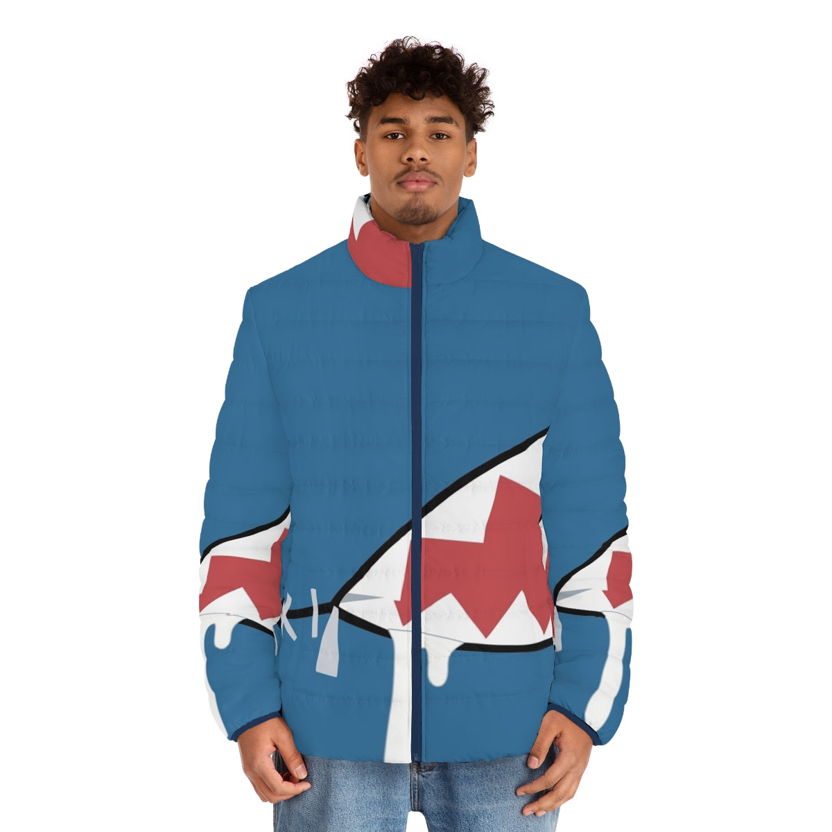 Gawr Gura shark mouth puffer jacket with cute anime design - men front