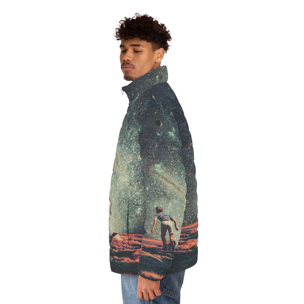 Nostalgic retro puffer jacket with pop art cosmic landscape design - men side left