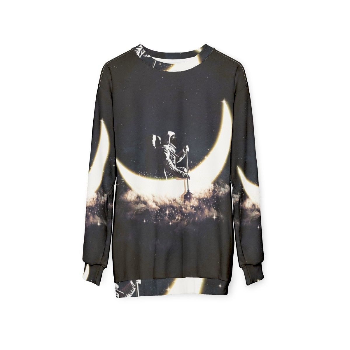 Cosmic Moon Sailing Sweatshirt featuring an abstract space and astronaut design - hanging