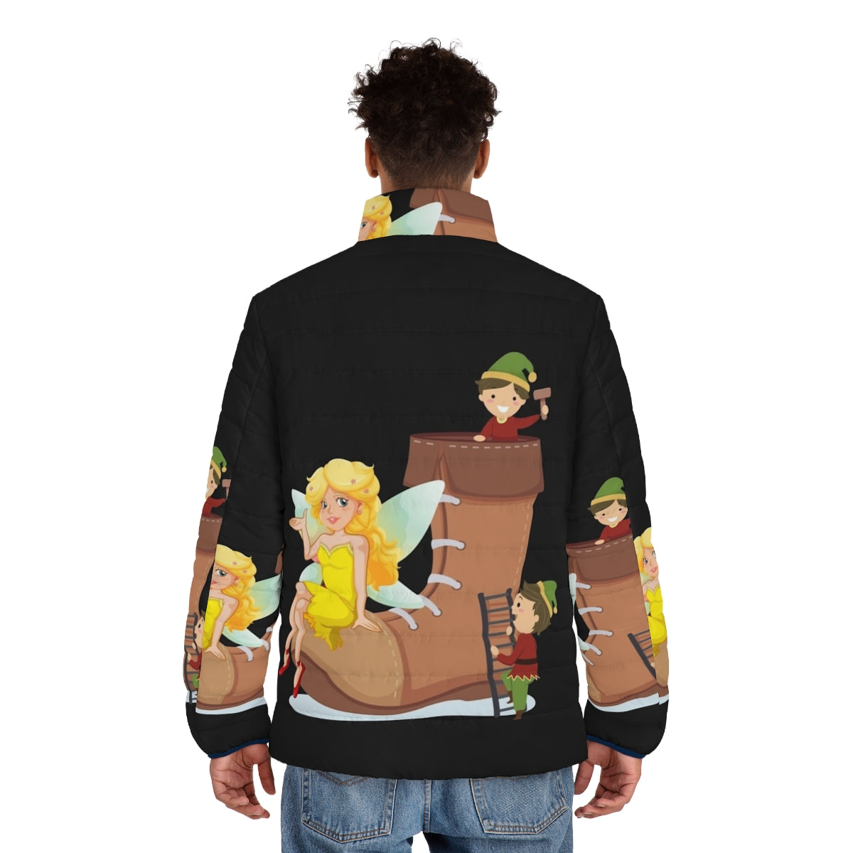 Legendary Animals Puffer Jacket featuring a mystic dragon, unicorn, and other fantasy creatures - men back