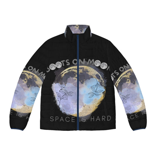 A stylish puffer jacket featuring the Space Force logo and a lunar landscape design