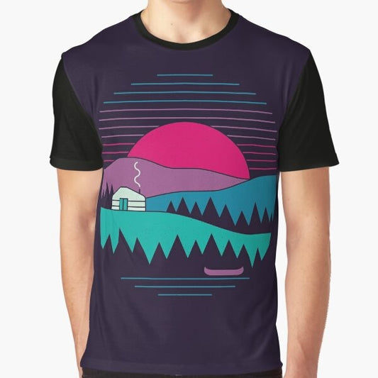 A minimalist graphic t-shirt design featuring a nature landscape with mountains, hills, and a simple geometric shape.