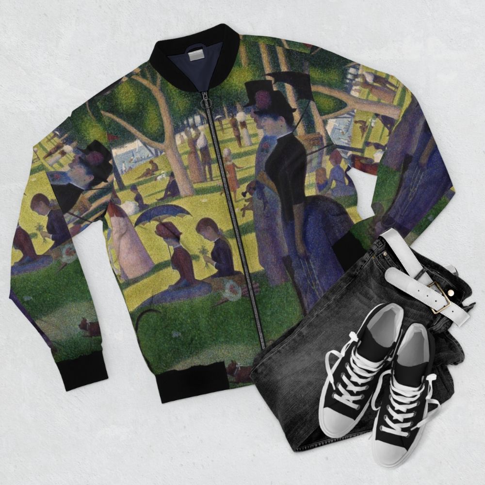 A bomber jacket featuring a pointillist design inspired by Georges Seurat's painting 'Sunday Afternoon on La Grande Jatte' - Flat lay