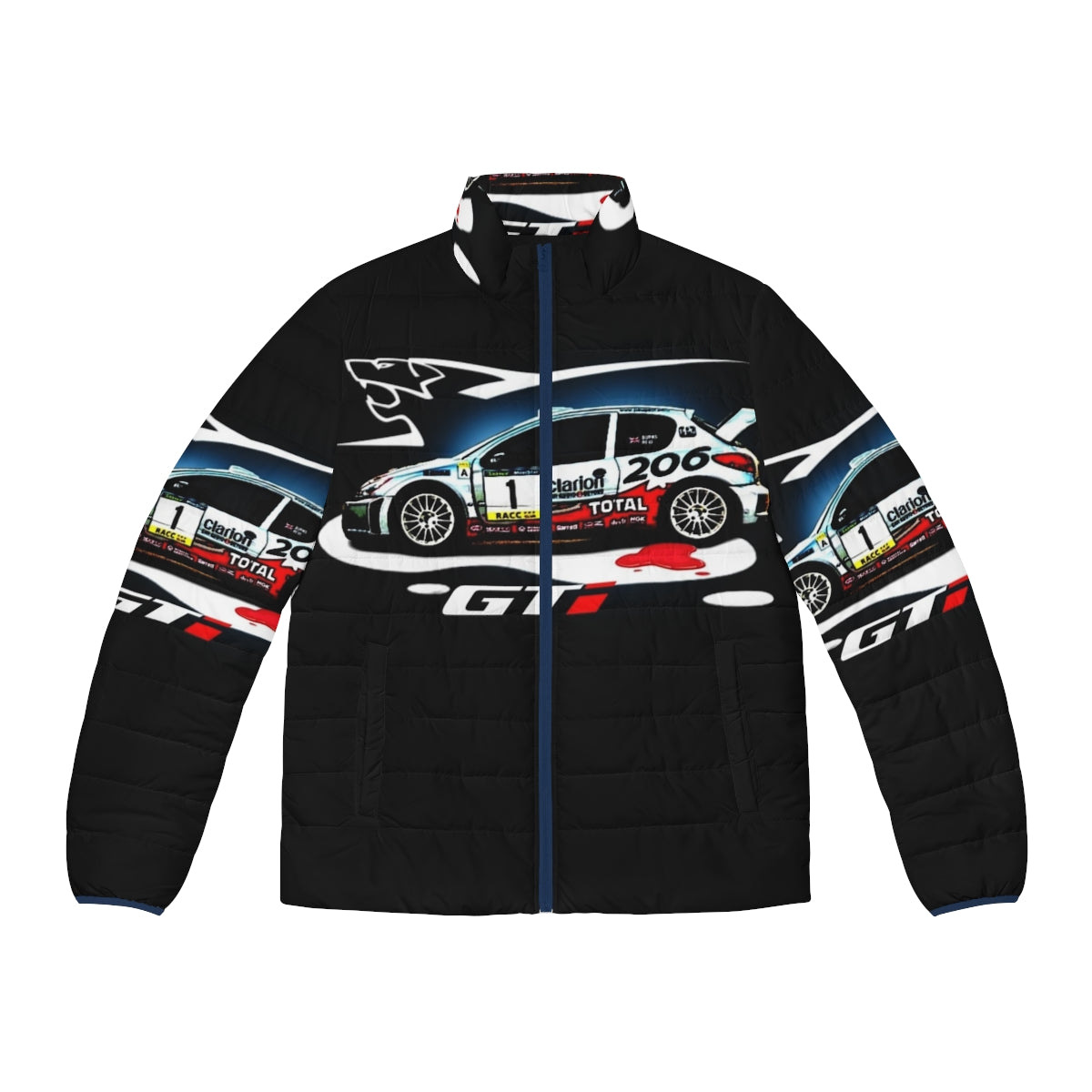 A puffer jacket in the style of the Peugeot 206 race car