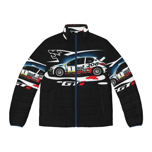 A puffer jacket in the style of the Peugeot 206 race car