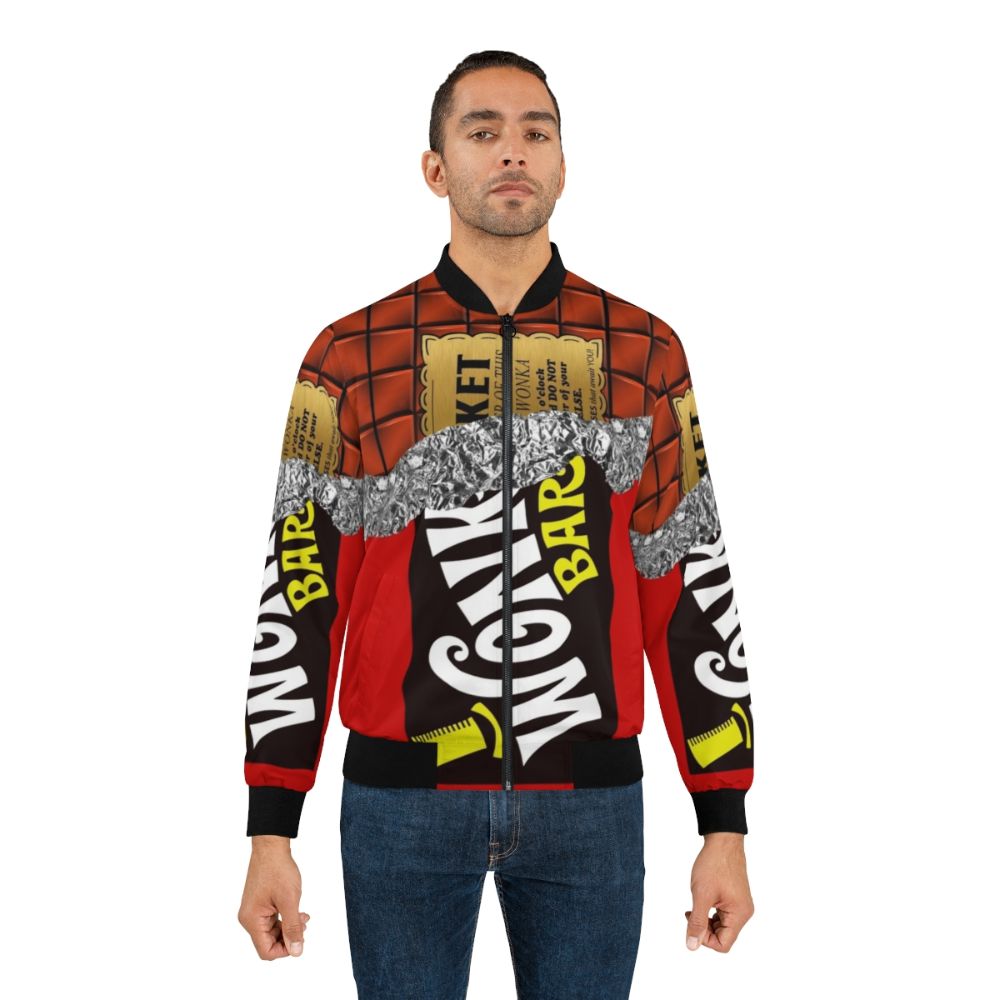 Vintage-style bomber jacket with a chocolate and golden ticket design, inspired by the Willy Wonka chocolate factory. - Lifestyle