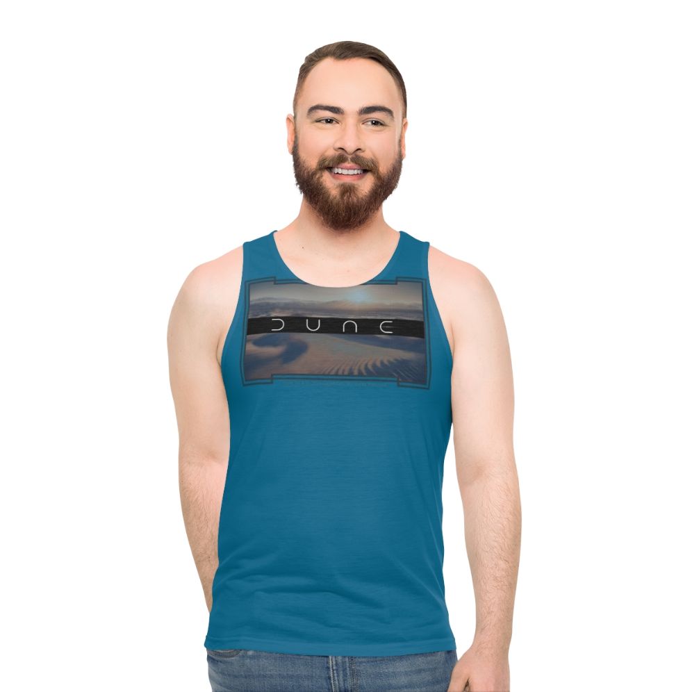 Dune-inspired unisex tank top with desert planet and two moons design - men