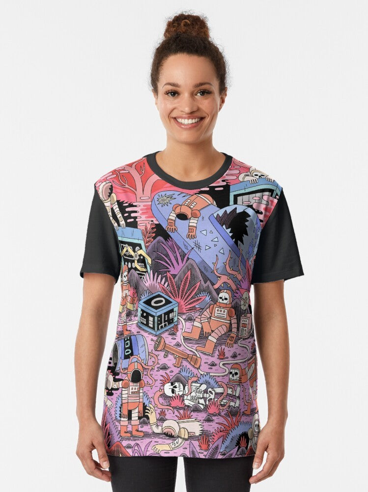 Chaos Graphic T-Shirt featuring a sci-fi space supernatural design with an astronaut, skull, and other elements. - Women