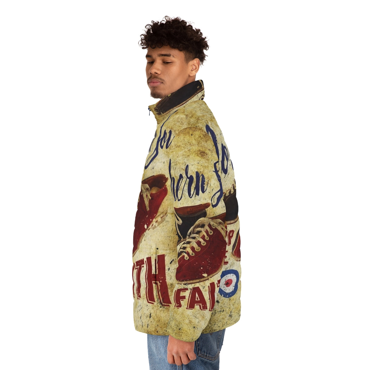 Northern Soul "Keep The Faith" Puffer Jacket featuring iconic music and dance inspired design - men side left