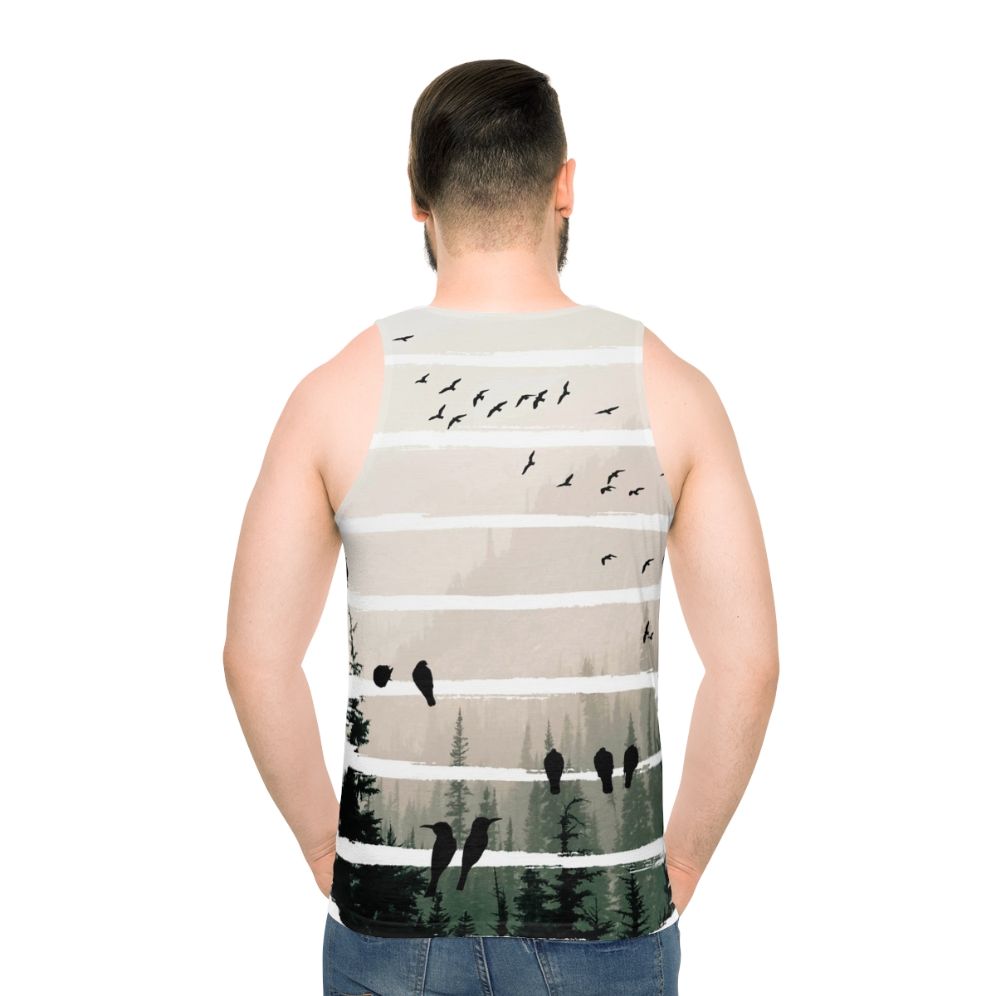 Unisex tank top with birds watching birds at sunset - men back