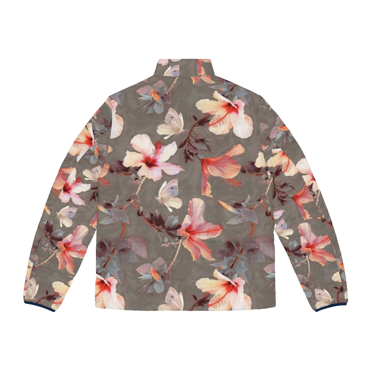 Coral hibiscus floral puffer jacket with tropical butterfly pattern - Back