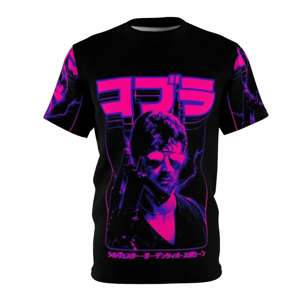 Retro-style t-shirt featuring a pixelated design inspired by the 1980s action movie Cobra