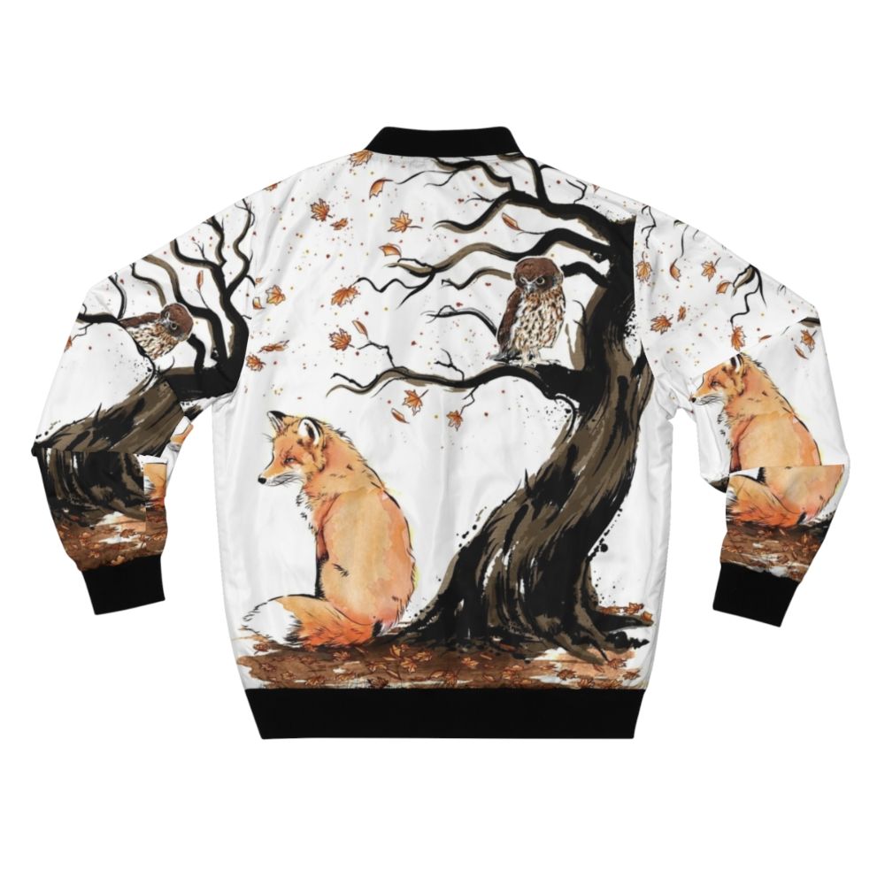 Autumn nature watercolor bomber jacket with fox, owl, and bird designs - Back