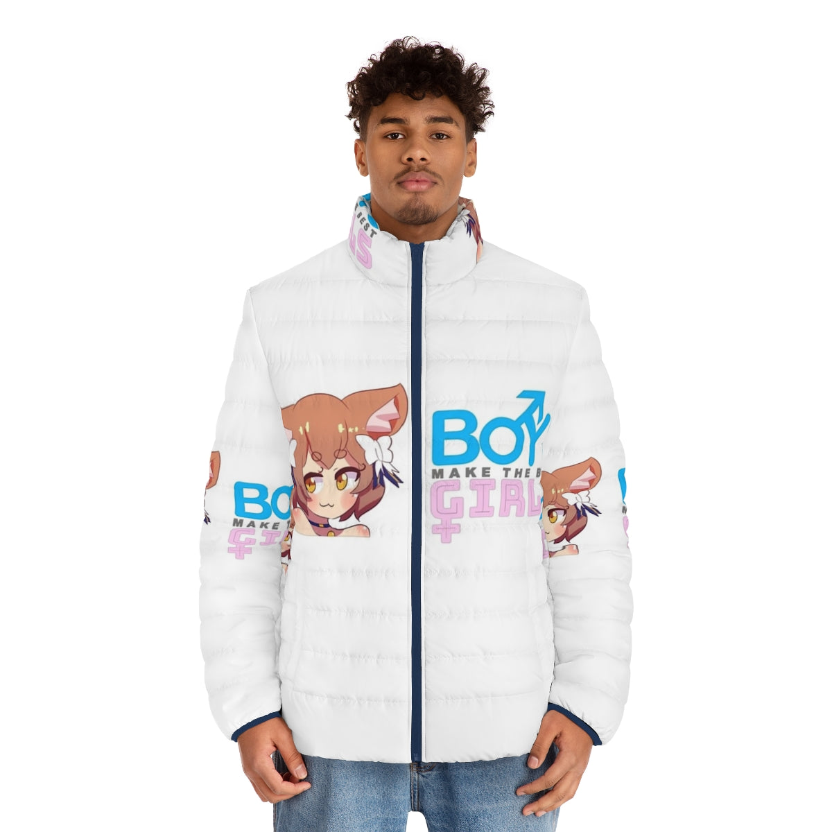 Model wearing a puffer jacket with the text "Boys Make the Best Girls" - men front