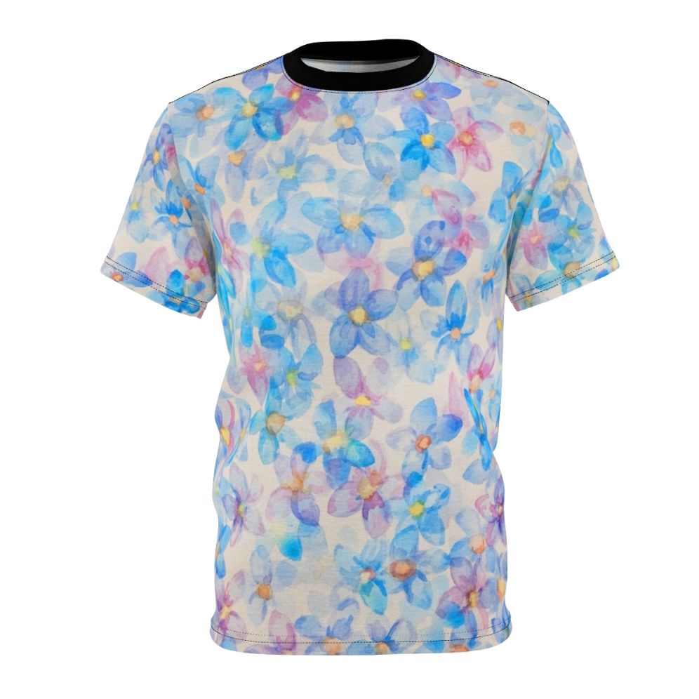 A vibrant blue watercolor painting of flower buds on a t-shirt