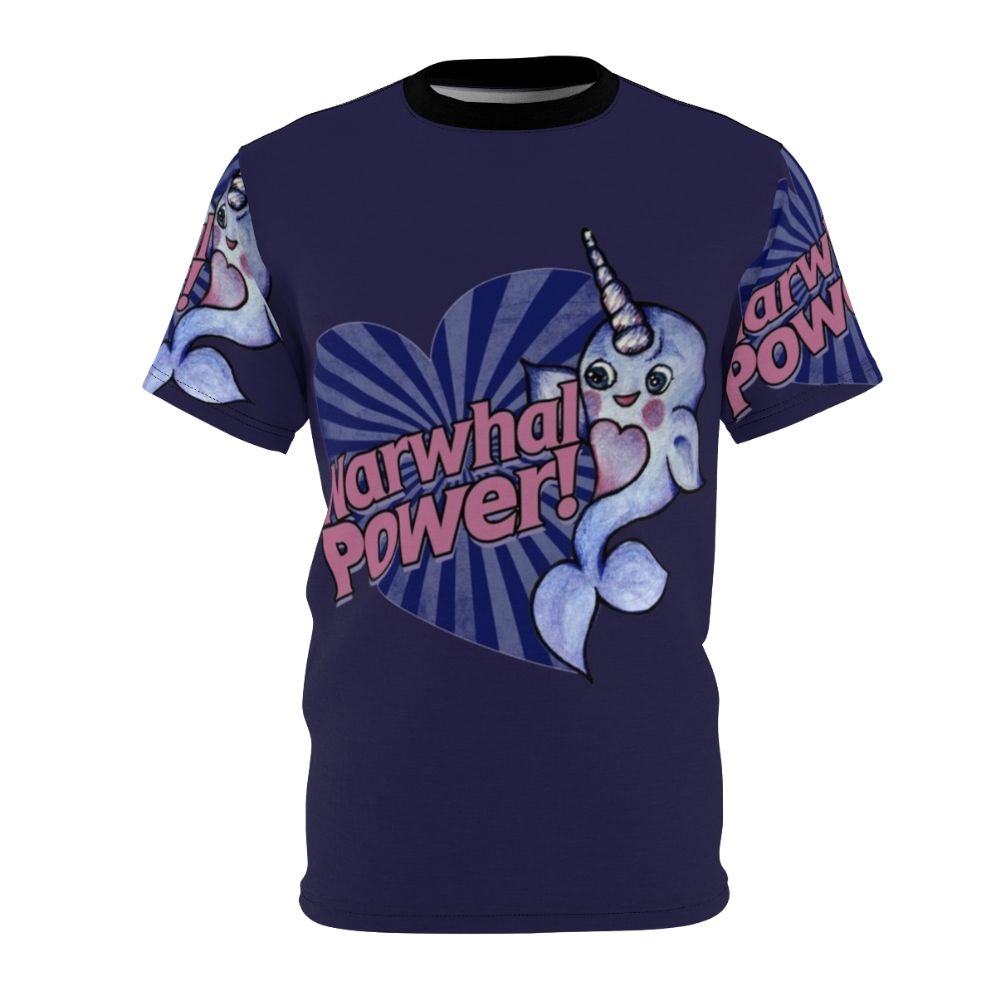 Whimsical illustration of a purple and blue narwhal on a high-quality t-shirt for narwhal enthusiasts.