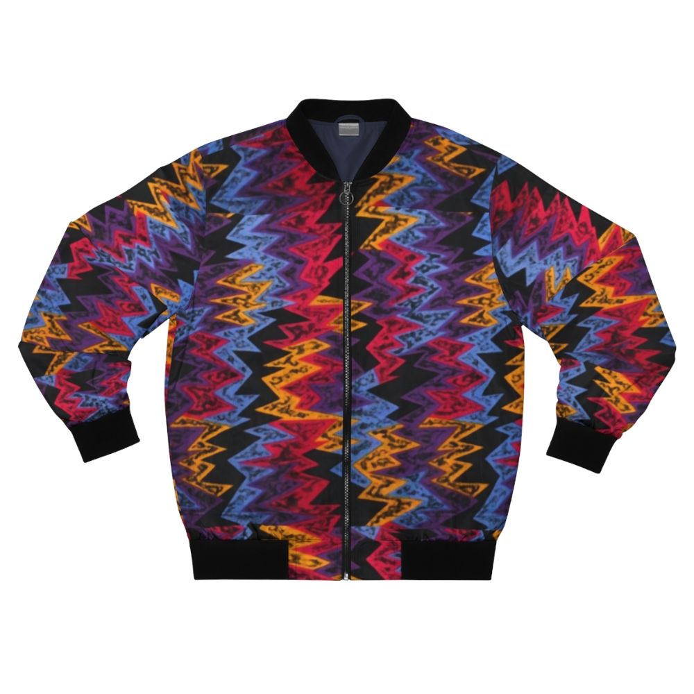 Retro basketball-inspired bomber jacket with zig zag pattern in vibrant colors