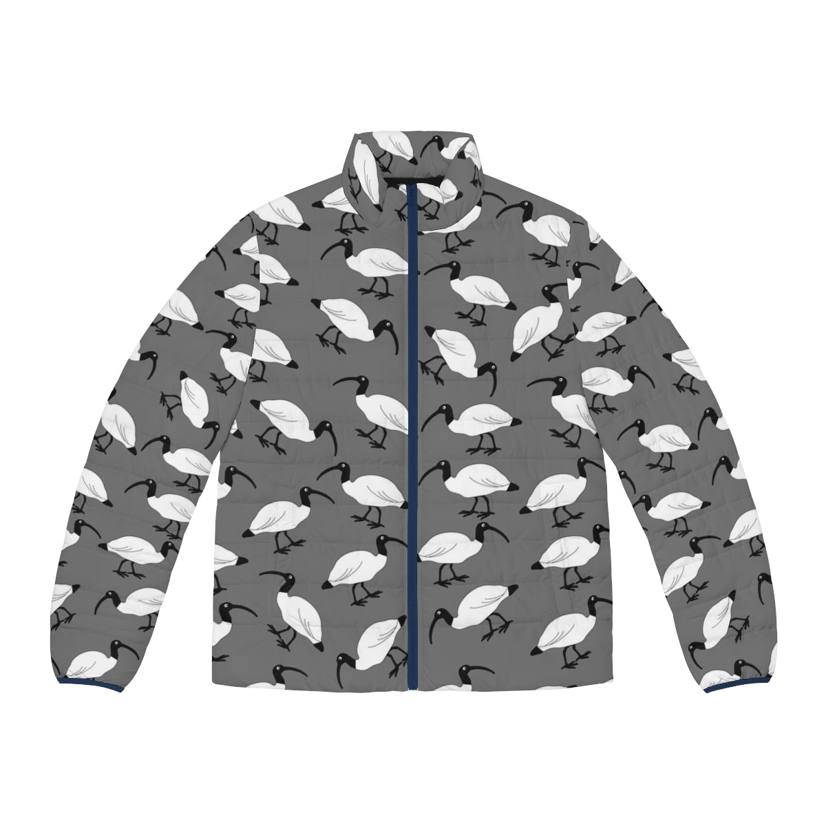 Puffer jacket with a pattern of bin chickens, a common Australian scavenger bird