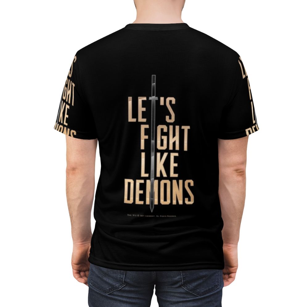 Dune inspired science fiction t-shirt with a fight like demons graphic - men back