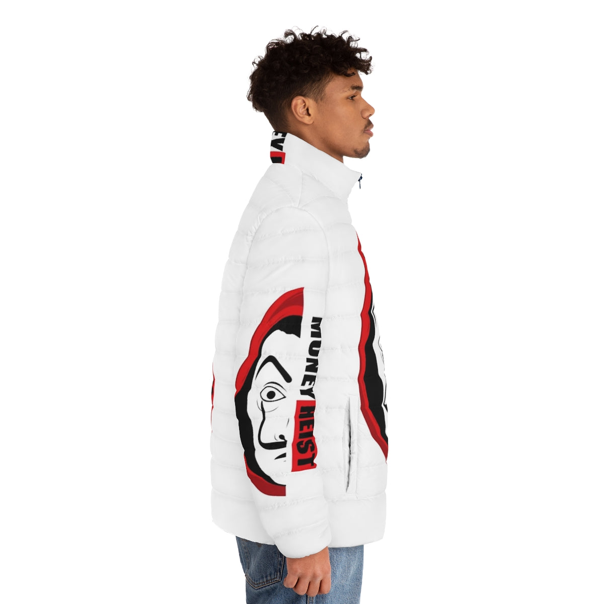 Money Heist Puffer Jacket featuring iconic characters and logo - men side right