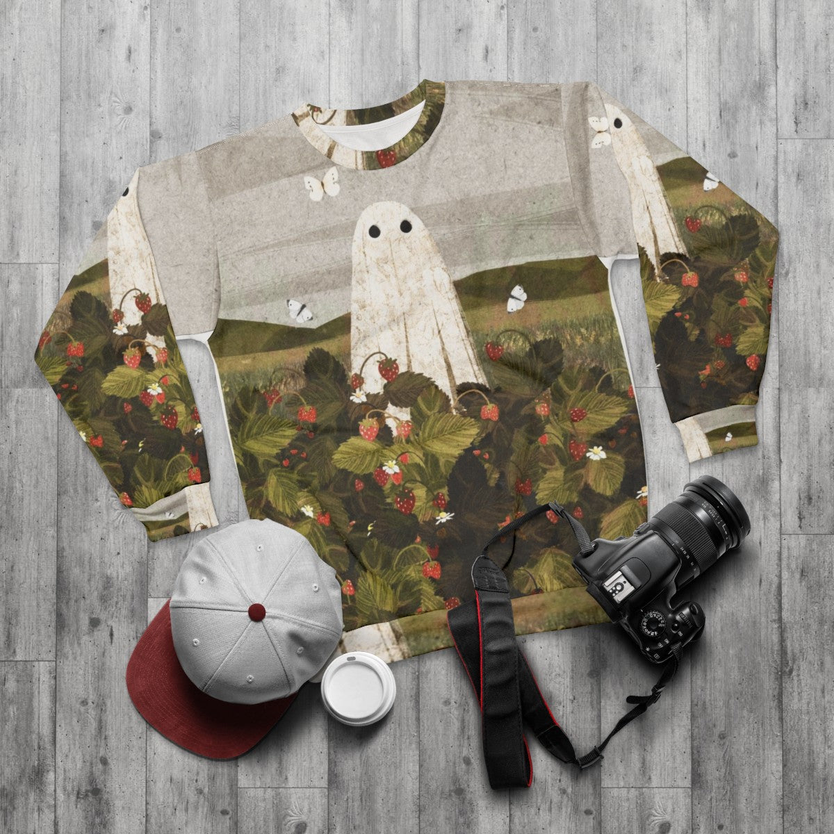 Strawberry Fields ghostly sweatshirt with haunting floral design - flat lay