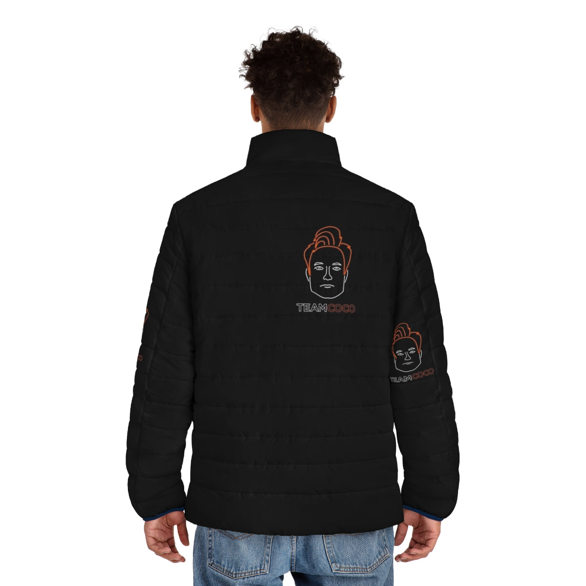 Neon Team Coco Puffer Jacket with Conan O'Brien Portrait Vector Art - men back