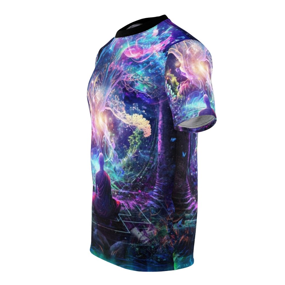 Visionary art t-shirt featuring a cosmic, jungle-inspired design with blue, neon, and spiritual elements. - men left