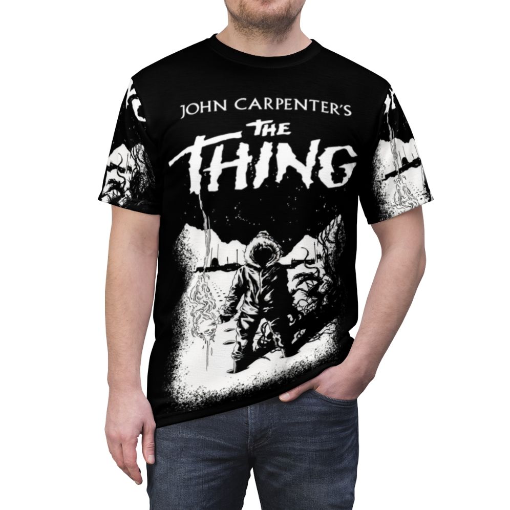 Vintage-style t-shirt inspired by the 1982 cult classic horror film "The Thing" directed by John Carpenter - men front