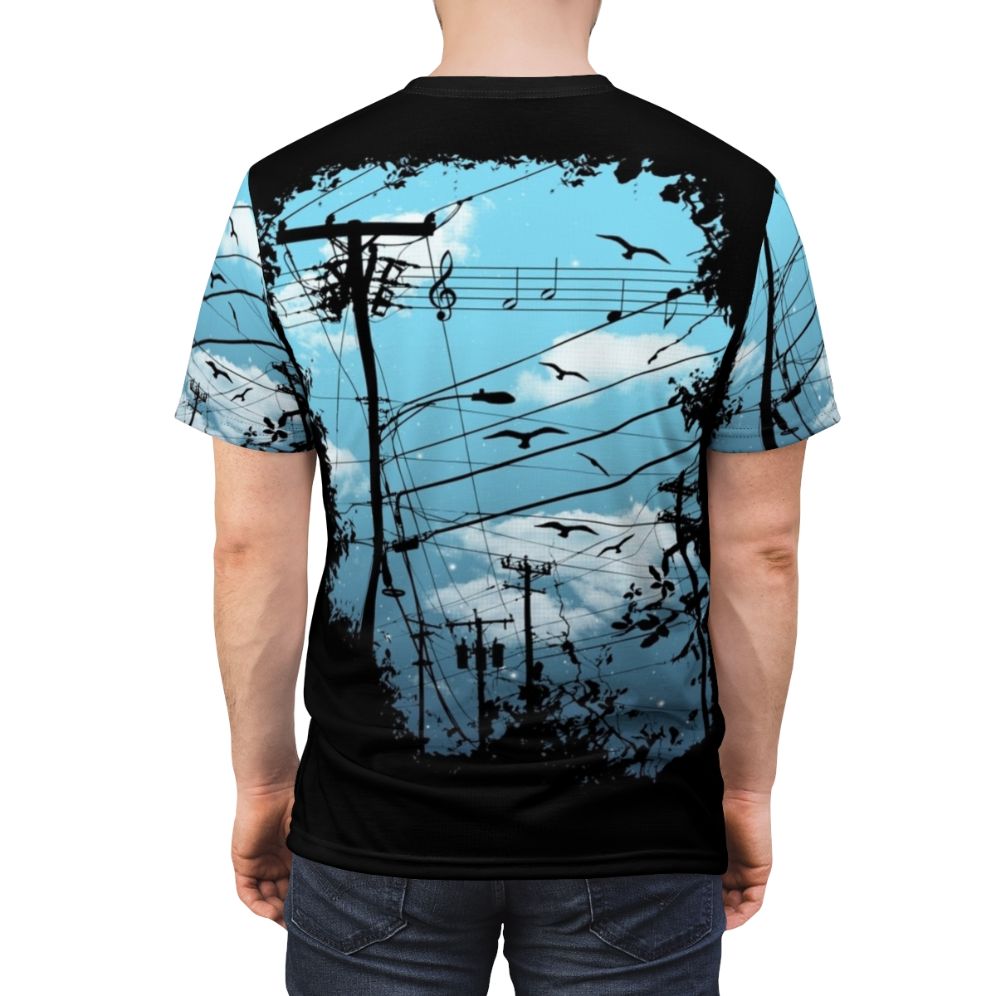 Captivating city music t-shirt featuring a design with birds, clouds, and stars against a black and blue background - men back