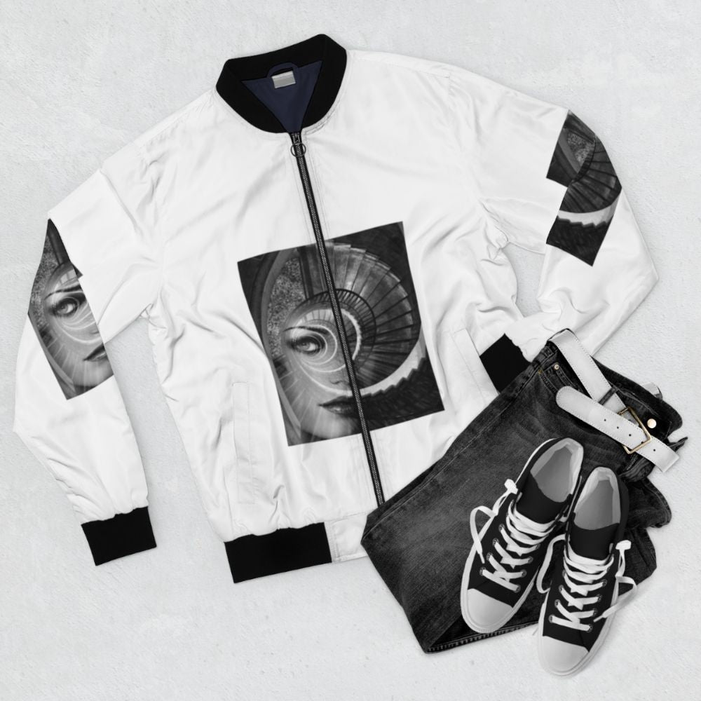 Dreamy spiral geometric abstract pattern bomber jacket - Flat lay