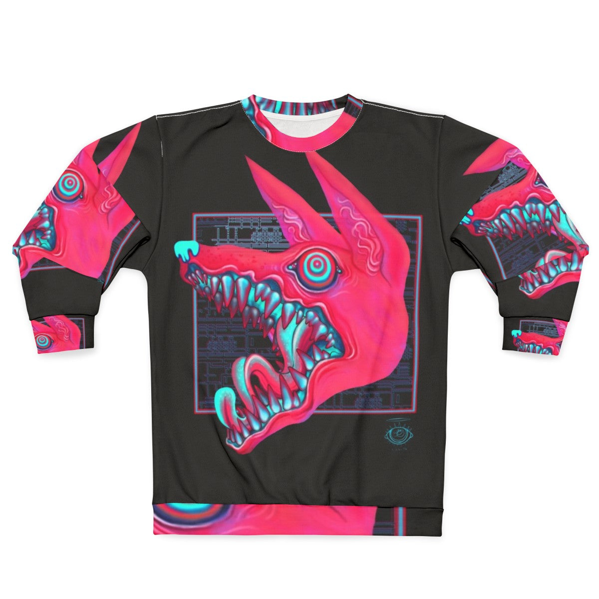 Creepy canine sweatshirt with pastel colored teeth and eyes