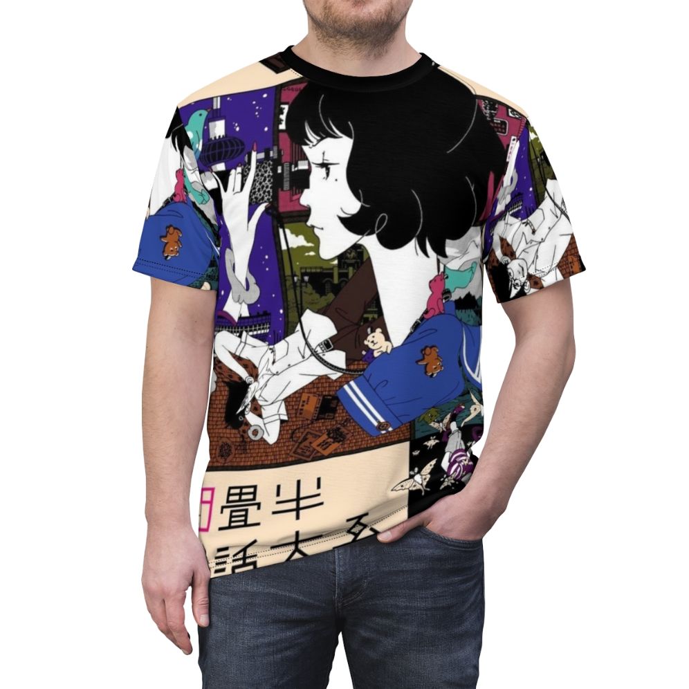 Stylized Tatami Galaxy anime-inspired art on a t-shirt - men front