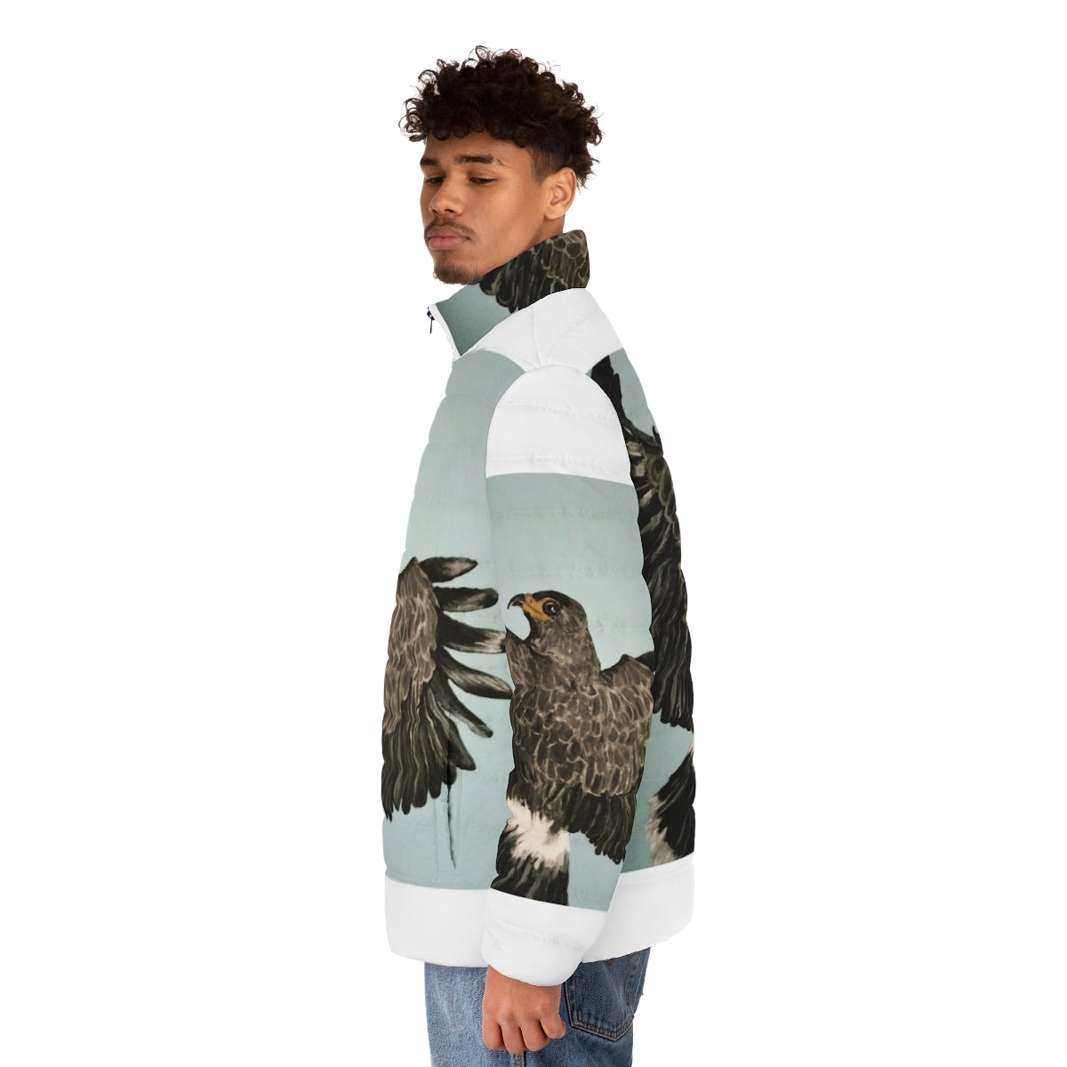 A stylish puffer jacket featuring a hawk or bird of prey design, perfect for outdoor enthusiasts and nature lovers. - men side left