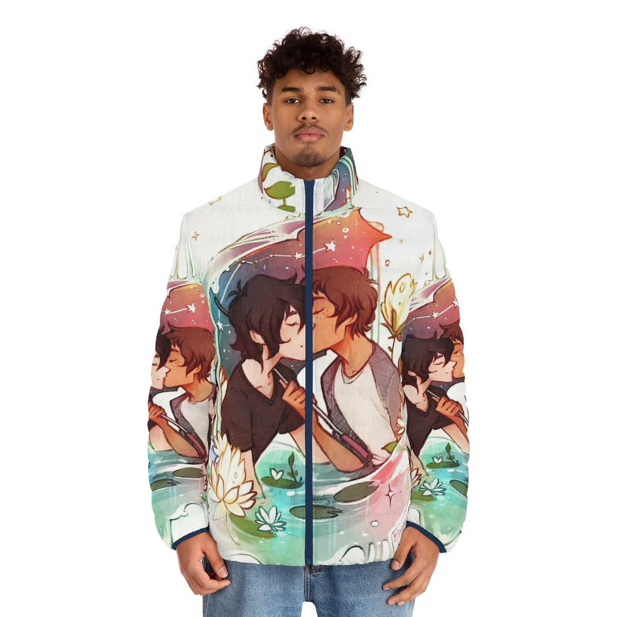 Voltron-themed puffer jacket with focus on Klance characters Keith and Lance - men front