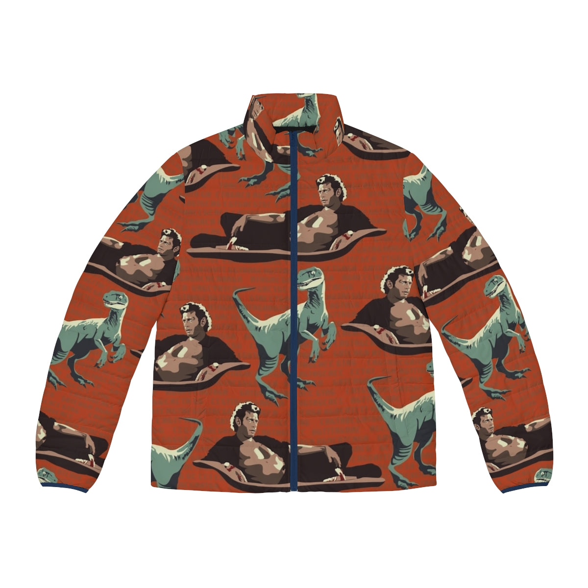 Jurassic Geniuses Puffer Jacket featuring a dinosaur DNA sequence pattern