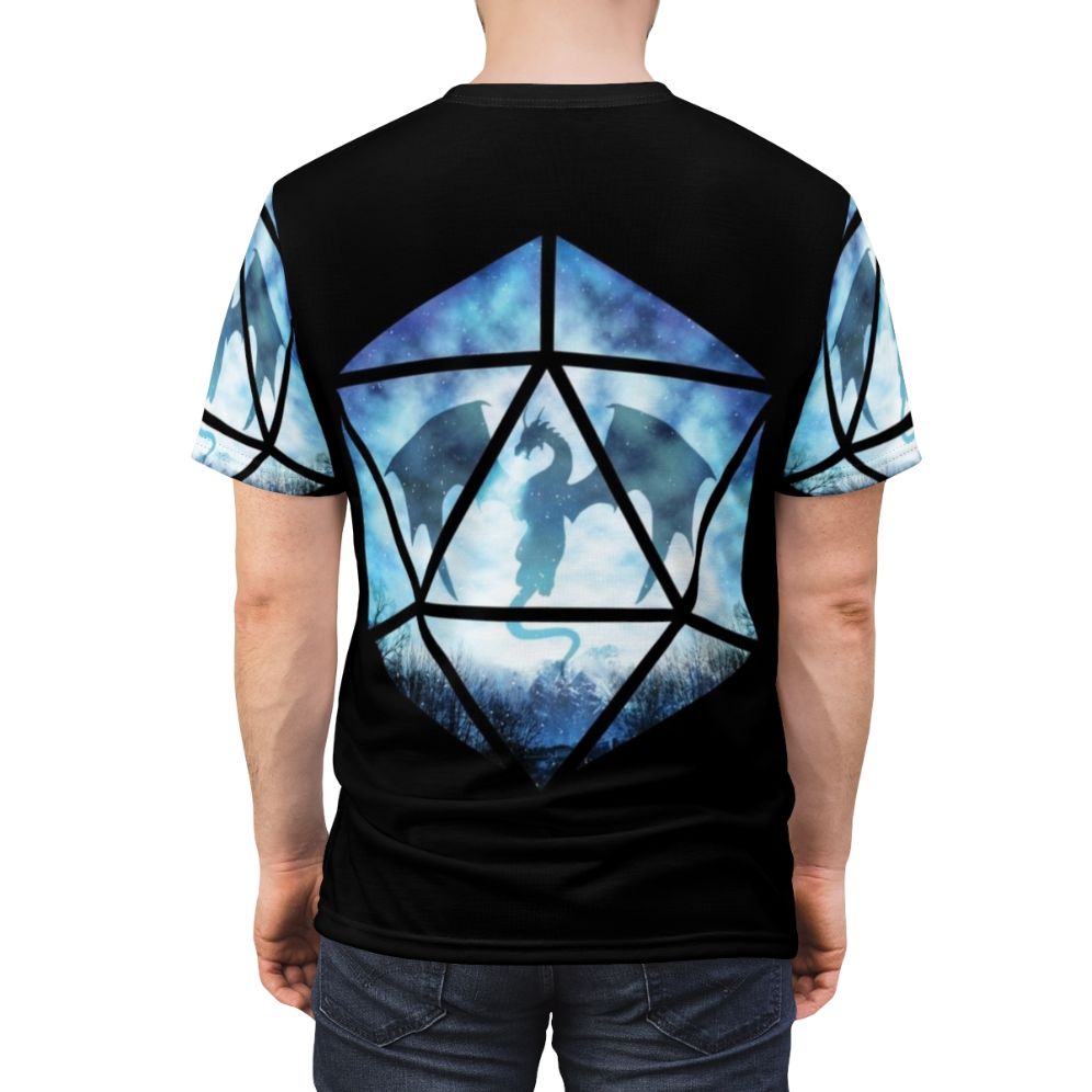 Captivating image of a blue sky ice dragon against a snowy mountain backdrop on a high-quality t-shirt. - men back