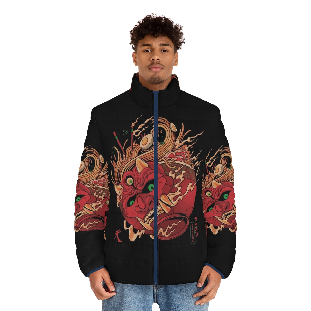 Man wearing Gekido Ramen Puffer Jacket with Japanese demon and ramen graphics - men front