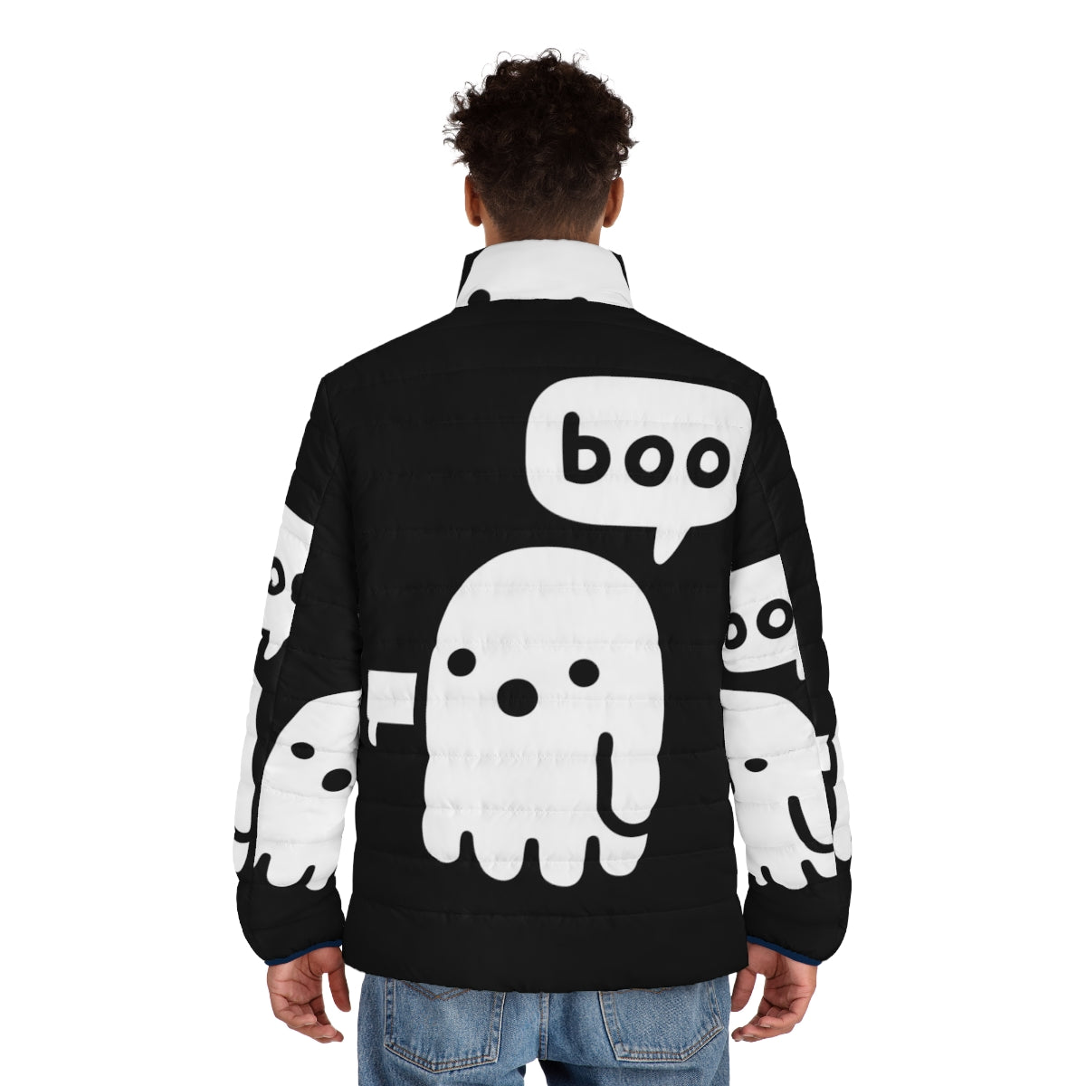 Spooky ghost puffer jacket with a disapproving design - men back