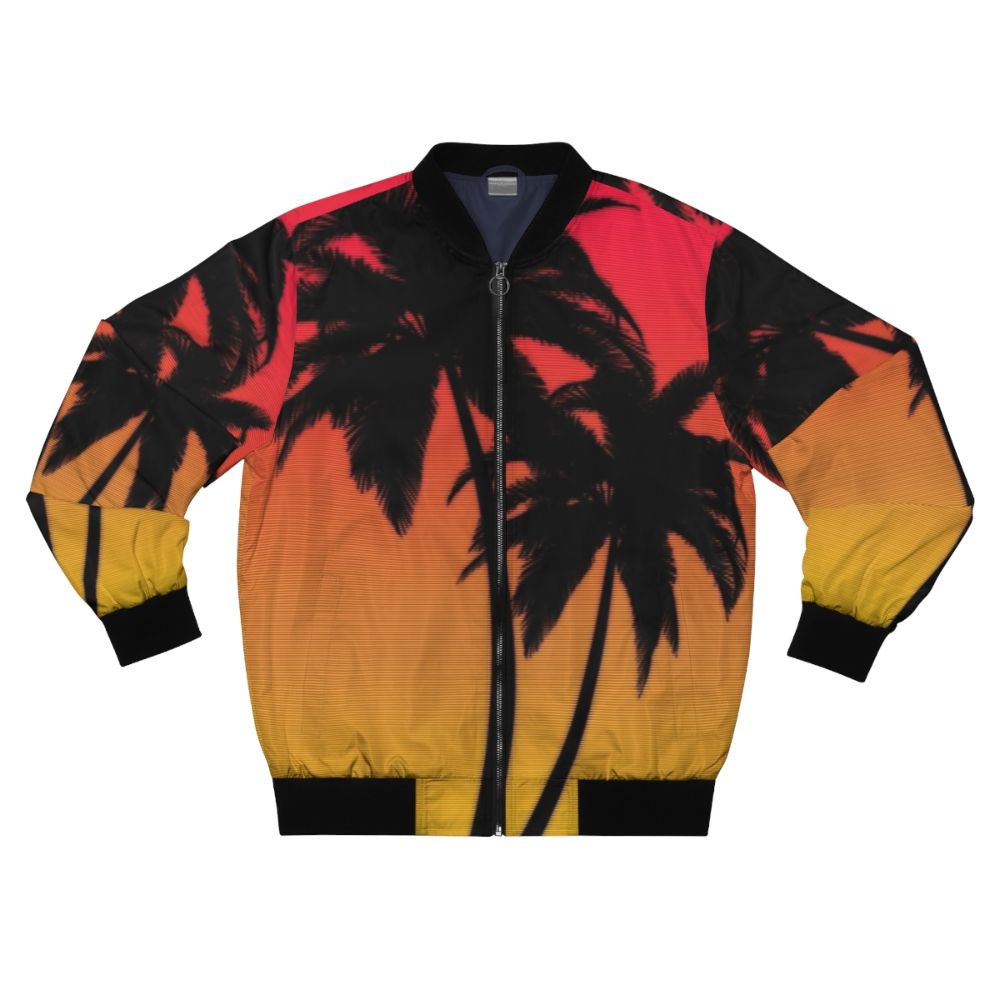 Retro synthwave-inspired bomber jacket with a vibrant Miami sunset design