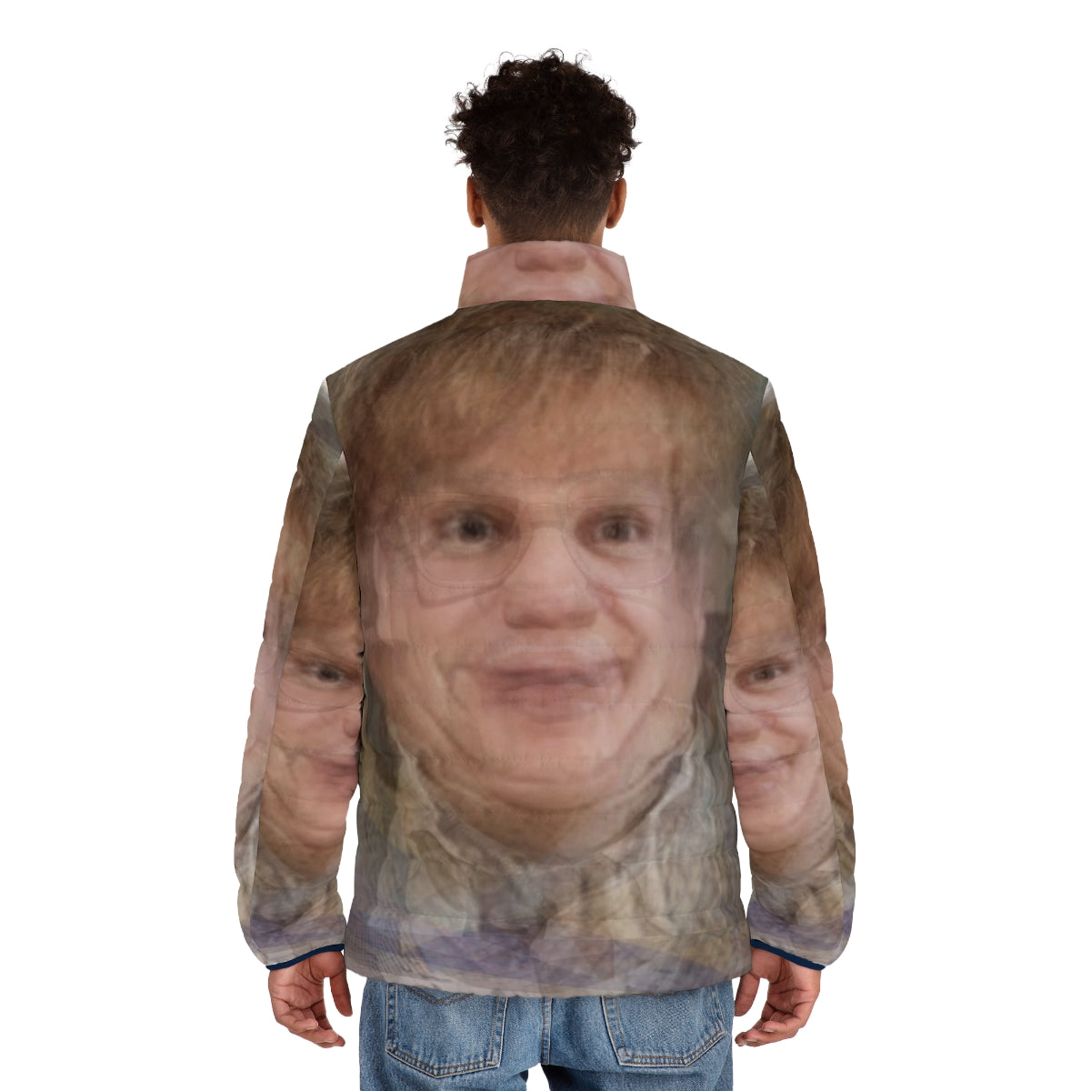 Chris Farley Portrait Puffer Jacket featuring experimental and abstract photographic overlay design - men back