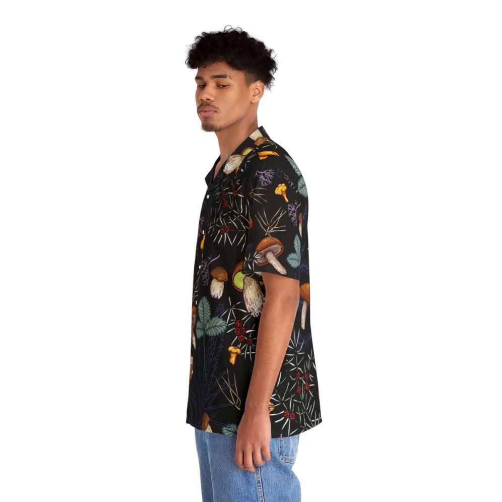 Dark Wild Forest Mushrooms Hawaiian Shirt with Autumn Leaves Nature Pattern - People Left