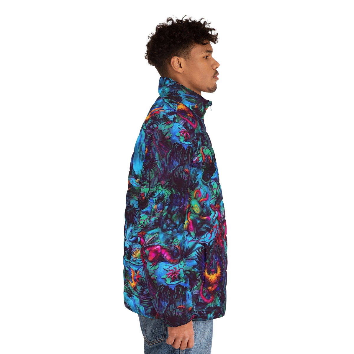 Colorful and vibrant paleo party puffer jacket featuring dinosaur and prehistoric fanart design - men side right