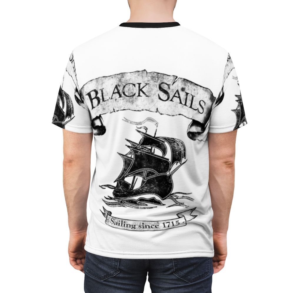 A black t-shirt with the Black Sails logo and "Sailing Since 1715" design, inspired by the popular TV series. - men back