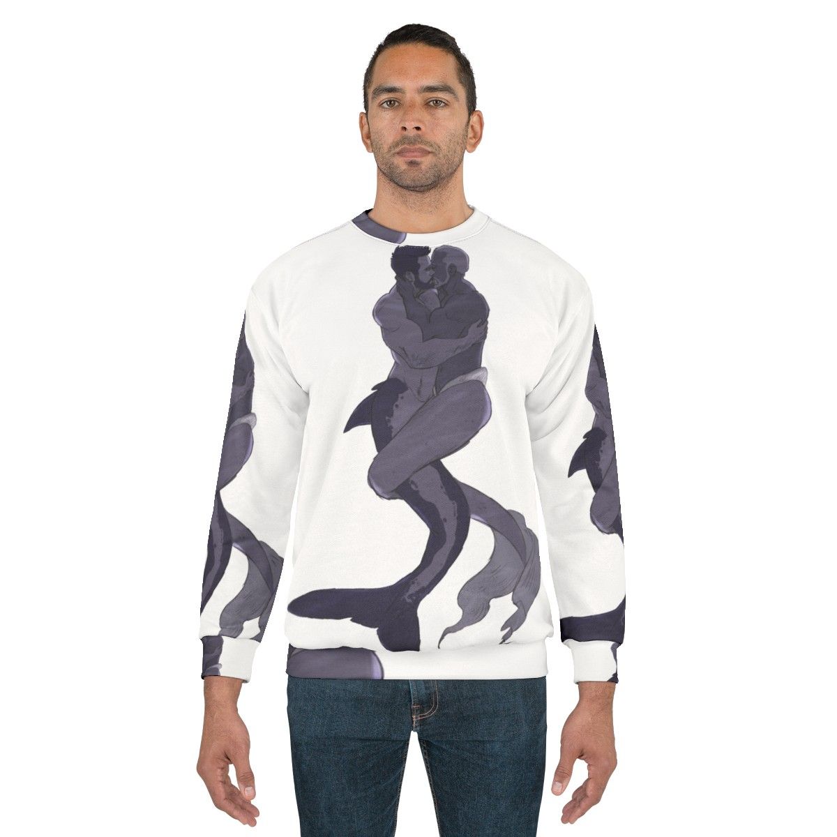 "Mermen in Love LGBTQ Sweatshirt featuring two muscular mermen embracing" - men