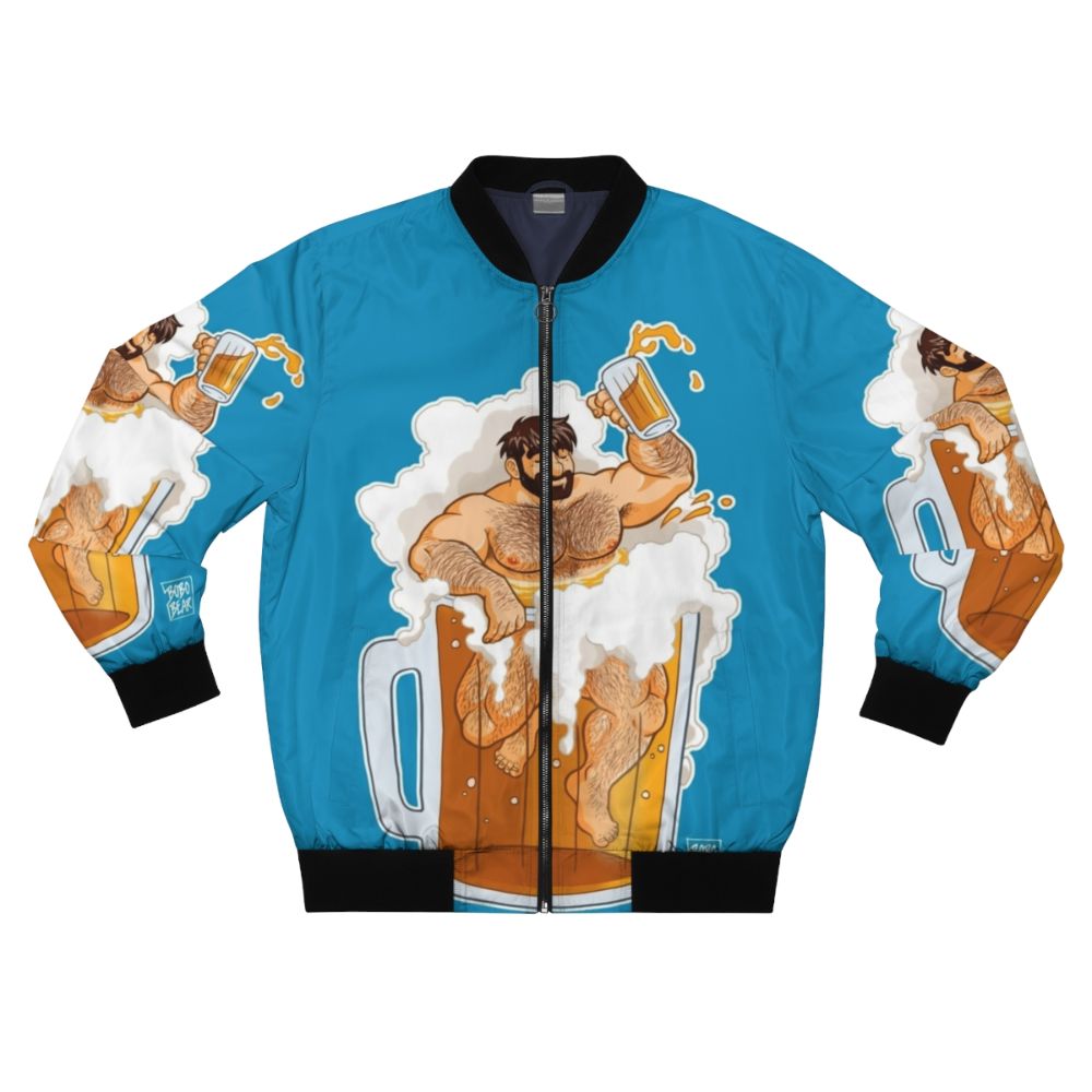 A bomber jacket with a graphic design featuring a bear, beer, and the text "ADAM'S BIG BEAR BEER".