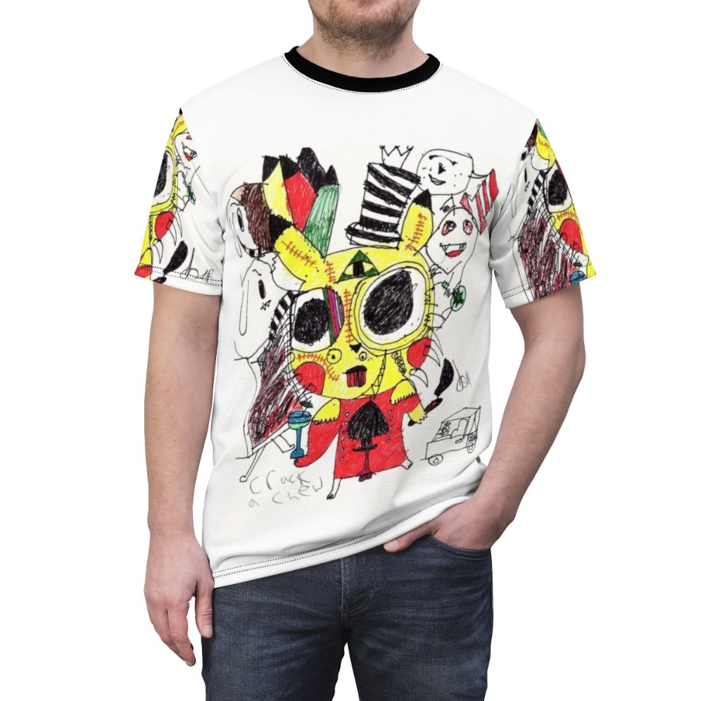 Vibrant psychedelic abstract t-shirt design with quirky, morphing elements - men front