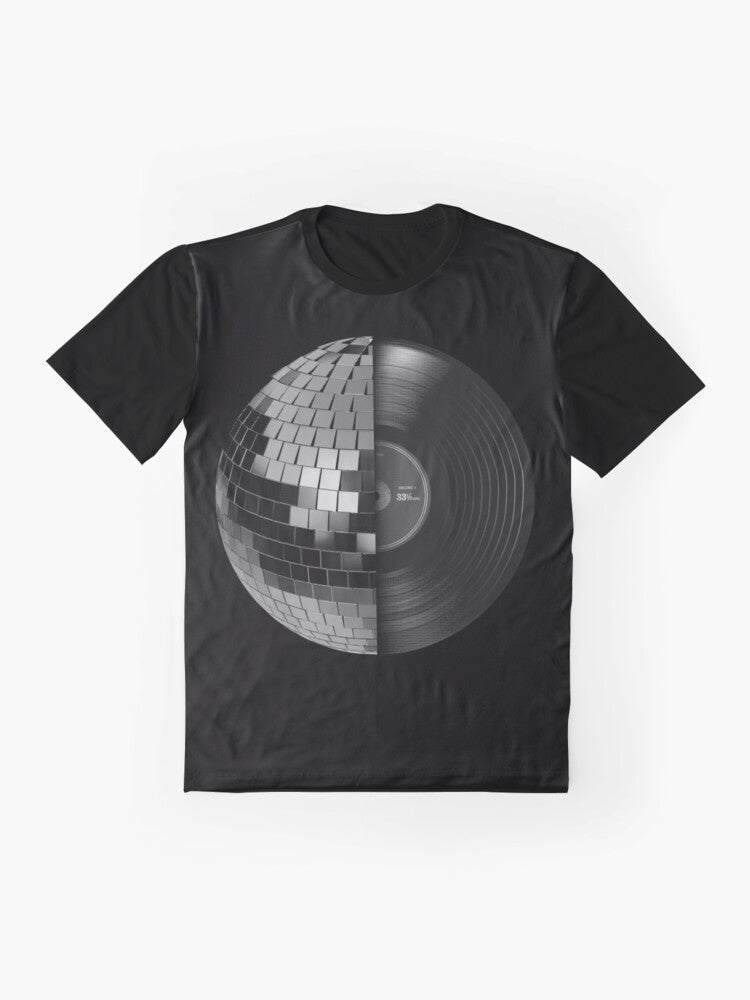 Disco graphic t-shirt featuring a mirrored disco ball on a vintage-inspired background - Flat lay